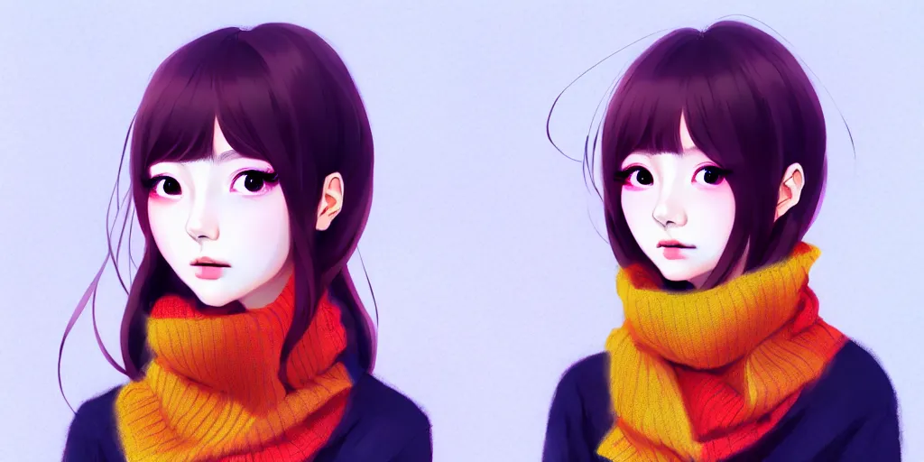 Image similar to ulzzang korean girl in sweater wearing scarf on neck. winter background, ilya kuvshinov, anime, pixiv top monthly, trending on artstation, cinematic, danbooru, zerochan art, kyoto animation