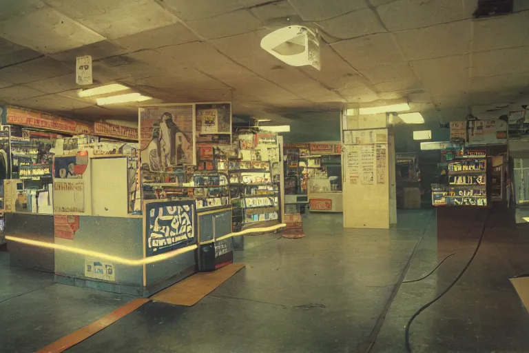 Image similar to large metallic skull attached to an infinitely long, giant, thick power cable, stoic and calm, inside of an unlit 1970s convenience store, ektachrome photograph, volumetric lighting, f8 aperture, cinematic Eastman 5384 film