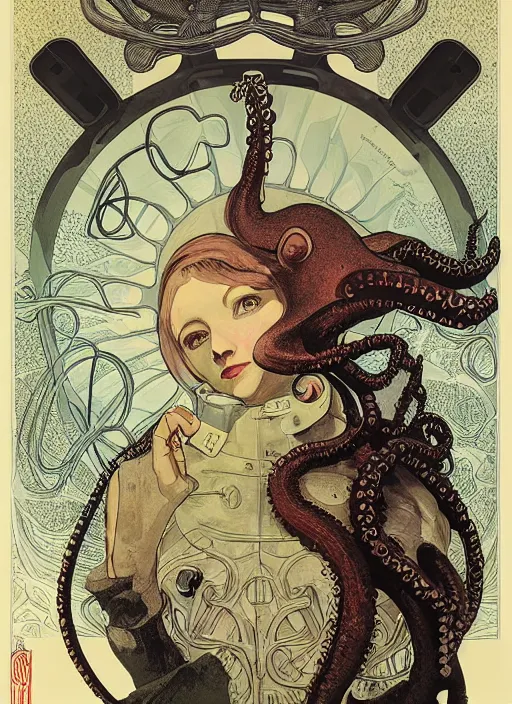 Image similar to a girl wearing octopus gas mask, poster by james jean, greg rutkowski, giger, alphonse mucha, andrew wyeth