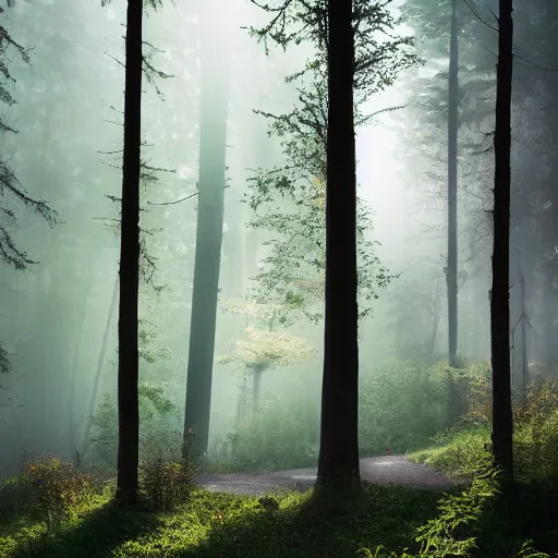 Image similar to big commercial bus with very creative livery in misty forest scene, the sun shining through the trees