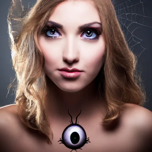 Prompt: Photo of a beautiful woman with spider's eyes, 8k