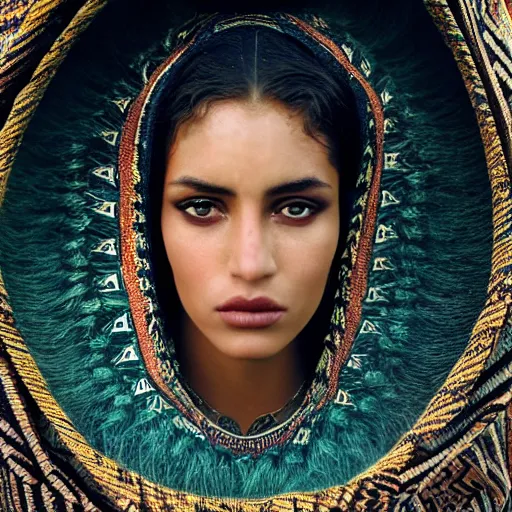 Image similar to portrait of a stunningly beautiful middle eastern tribal female, depth of field, zeiss lens, detailed, symmetrical, centered, fashion photoshoot, by Annie Leibovitz and Steve McCurry, David Lazar, Jimmy Nelsson, Breathtaking, 8k resolution, extremely detailed, beautiful, establishing shot, artistic, hyperrealistic, beautiful face, octane render