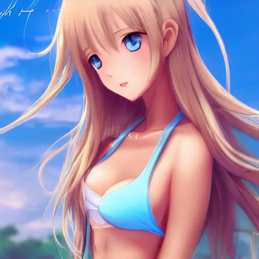 Image similar to a very beautiful young anime tennis girl, full body, long wavy blond hair, sky blue eyes, full round face,, bikini, miniskirt, front view, mid - shot, highly detailed, cinematic wallpaper by stanley artgerm lau