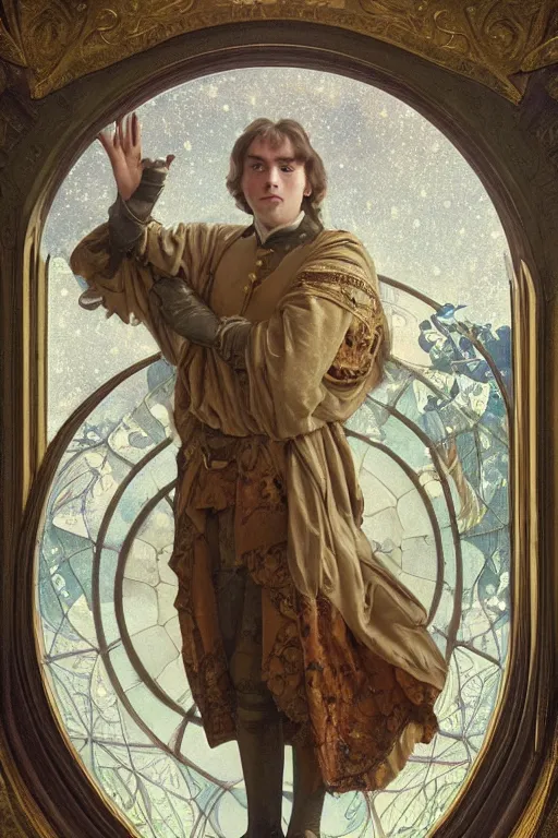 Prompt: a realistic detail portrait of A handsome young male nobleman, leaned against a large domed window, the moon cast on the man, the man looked up, The middle ages, The window reflected the starry sky, shining star, raining, goth, wide-angle lens, by Alphonse Mucha, Wolp, Sparth, Mark Brooks, Brad Kunkle, Vincent di fate, Paul-chadeisson, Dylan Cole, Jin Kim,Denis Villeneuve, Ben Nicholas, Anton Fadeev, thomas kinkade, rutkowski, Finnian MacManus, Syd Mead, Tsutomu Kitazawa, black and red scheme, 8k, Unreal Engine 5