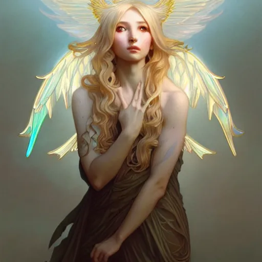 Image similar to Winged girl angel with blonde hair and glowing halo, iridescent, seraphim, fantasy, intricate, elegant, highly detailed, digital painting, artstation, concept art, smooth, sharp focus, illustration, art by Krenz Cushart and Wenqing Yan and Alphonse Mucha