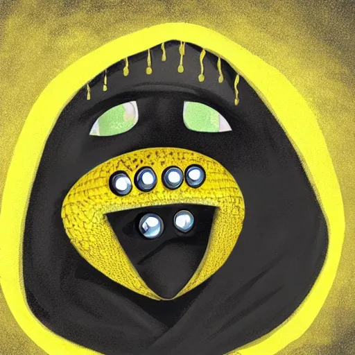 Prompt: yellow humanoid gecko lizard wearing a black cloak ; hood pulled over head ; large eyes ; yellow skin ; fantasy race