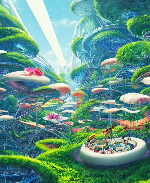 Prompt: simplicity, an amusement park made out of sleek organic creatures, in the style of an aerodynamic spaceship, overgrown with orchids, partly cloudy, sun - drenched, by dan mumford, yusuke murata, makoto shinkai, ross tran, cinematic, unreal engine, cel shaded, featured on artstation, pixiv