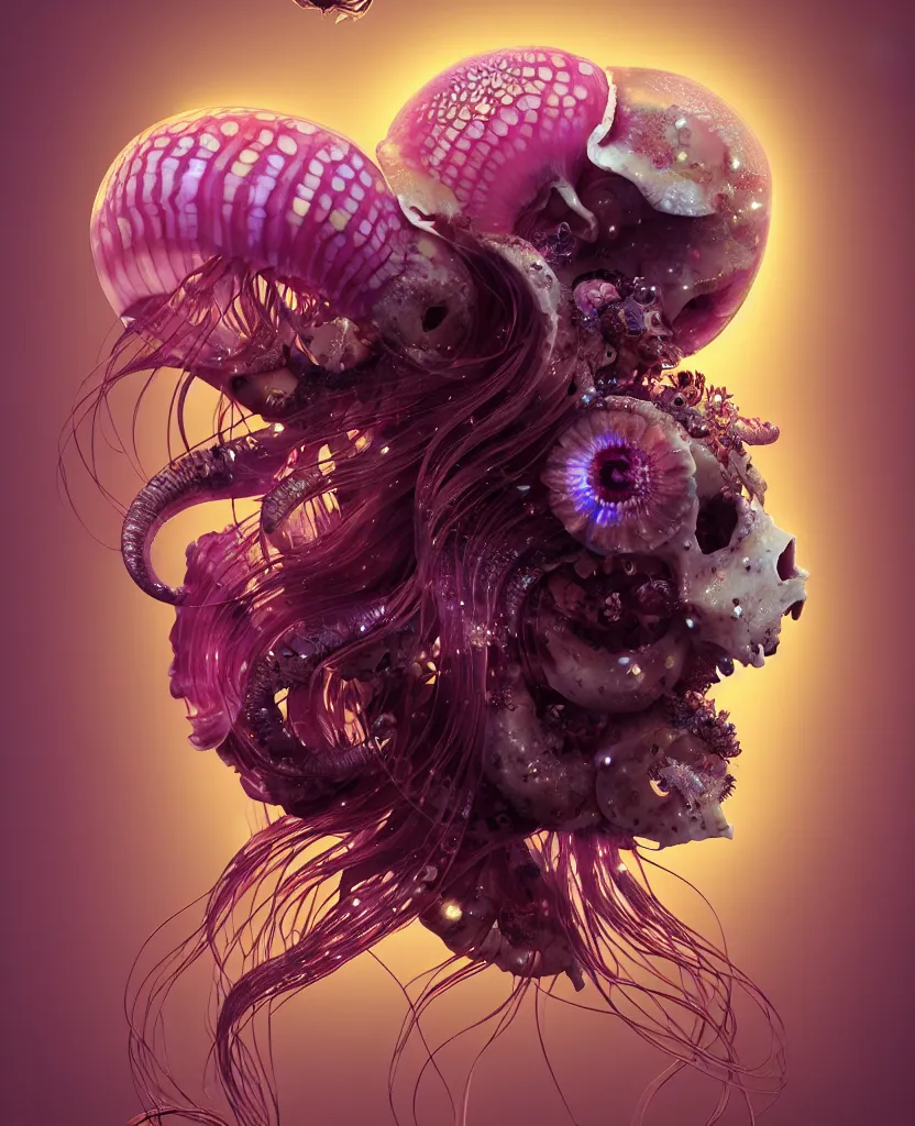 Image similar to goddess princess face close-up portrait ram skull. jellyfish phoenix head, nautilus, orchid, skull, betta fish, bioluminiscent creatures, intricate artwork by Tooth Wu and wlop and beeple. octane render, trending on artstation, greg rutkowski very coherent symmetrical artwork. cinematic, hyper realism, high detail, octane render, 8k