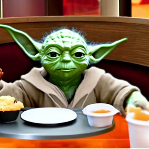 Image similar to A still of Yoda eating at KFC, 4k, photograph, ultra realistic, highly detailed, professional lighting