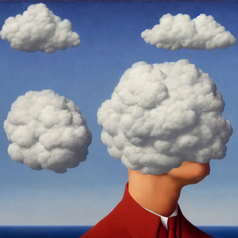 Image similar to portrait of a man whos head is a cloud, his head is hidden with cloud, by rene magritte, detailed painting, hd, hq, high resolution, high detail, 4 k, 8 k