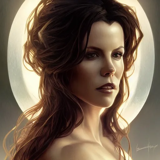 Image similar to portrait of a kate beckinsale as a vampire queen, upper body, fantasy, intricate, elegant, highly detailed, digital painting, artstation, concept art, matte, sharp focus, illustration, art by Artgerm and Greg Rutkowski and Alphonse Mucha