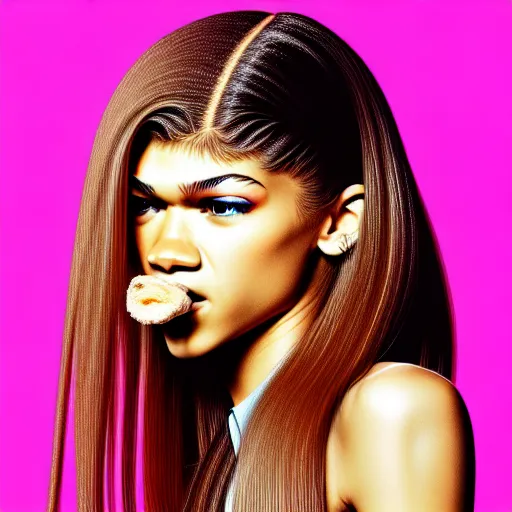 Image similar to zendaya eating hair, hyper realistic, hyper detailed, coherent, 4 k, wallpaper