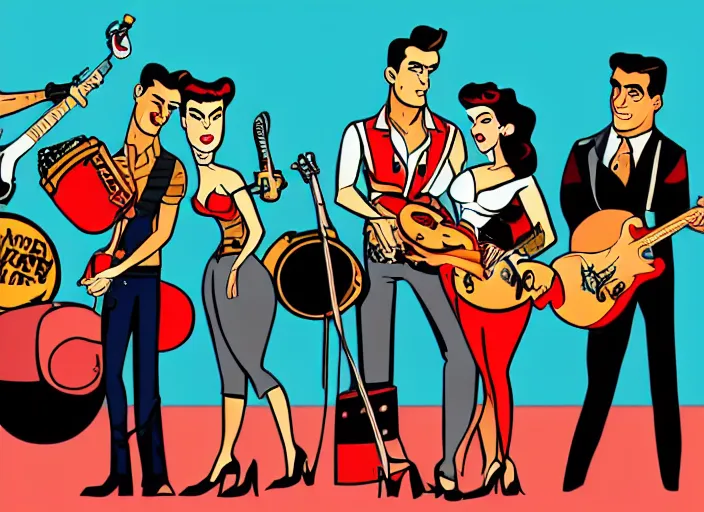 Image similar to rockabilly band in the style of archer cartoon, 1950s