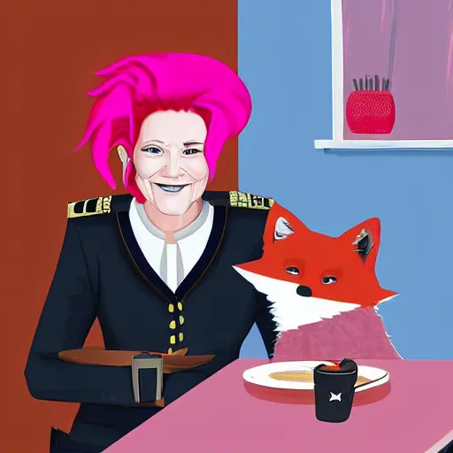 Image similar to captain janeway sharing coffee with a robotic fox with pink hair, in a french cafe, digital art