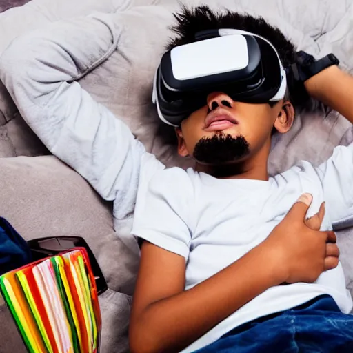 Prompt: a full-shot stock photo of a boy laying in bed with a bunch of stuff wearing a VR-headset, featured on flickr, cluttered