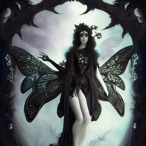 Prompt: tom bagshaw, soft painting fractal curiosities carnival, beautiful female fairy winged butterfly hybrid mutation in full nightshade gothic armor, accurate features, focus, very intricate ultrafine details, black white purple volumetric clouds, award winning masterpiece, octane render 8 k hd