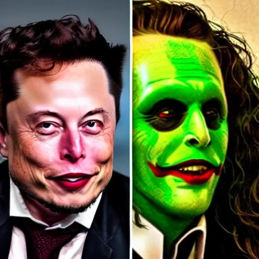 Image similar to elon musk as joker, long green curly hair, 8 k, highly detailed face