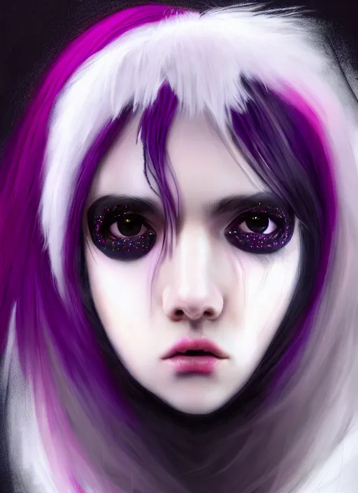 Image similar to hair blackbangs hair, white cyberlox, portrait of normal teenage girl, normal face, black bangs, messy bangs, fluffy bangs, cyberlox, whitebangs, red contact lenses, purple background, intricate, elegant, highly detailed, digital painting, artstation, concept art, sharp focus, smooth, illustration, art by wlop, mars ravelo and greg rutkowski