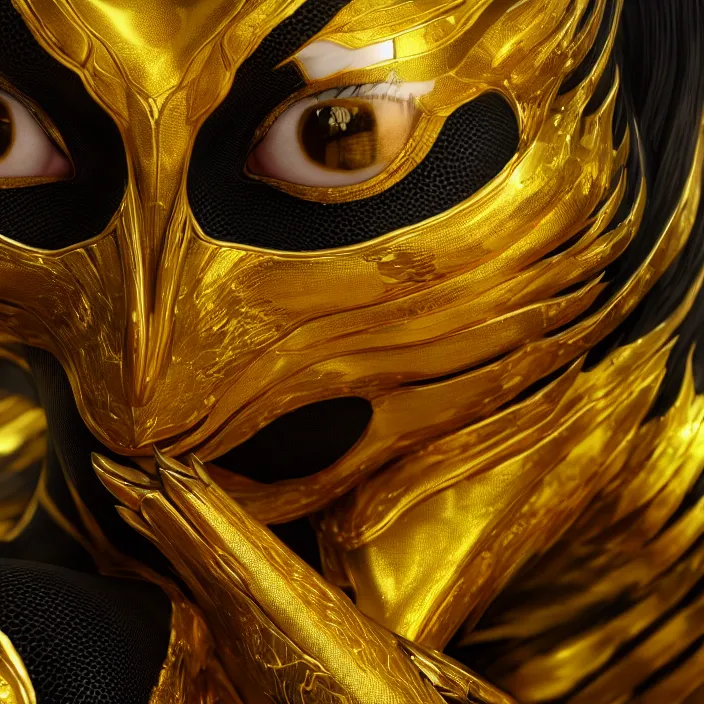 Image similar to female gold and black venom, naturel, hyper detailed, digital art, trending in artstation, cinematic lighting, studio quality, smooth render, unreal engine 5 rendered, octane rendered, art style by klimt and nixeu and ian sprigger and wlop and krenz cushart