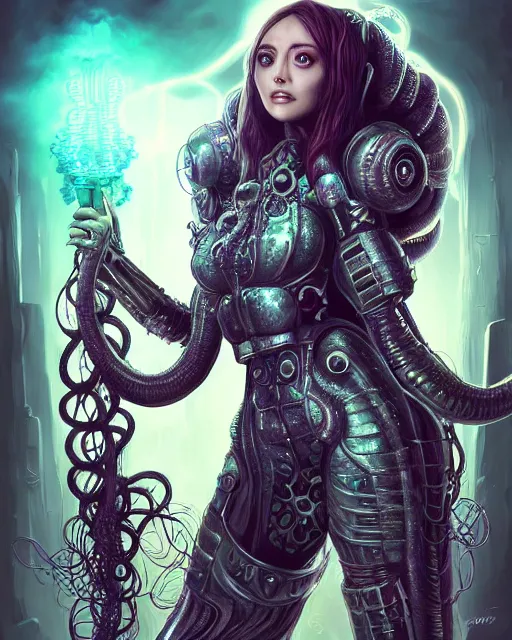 Prompt: A perfectly-centered ultradetailed realistic RPG cosplay airbrushed digital art portrait-illustration of a beautiful symmetrical lovecraftian Medusa wearing cyberpunk clothes and a reflective armor with decorum!!!!!! standing next to bioluminiscent otherworldly sci-fi towers, epic poster art, 3D rim light, octane render, artstationHQ.