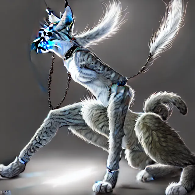 Image similar to the full body of anthropomorphic lynx fursona from behind wearing a steampunk suit as unimaginably beautiful, gorgeous, elegant, young woman with lynx head, an ultrafine hyperdetailed illustration by furaffinity, intricate linework, white fur, unreal engine 5 highly rendered, global illumination, radiant light, detailed and intricate environment