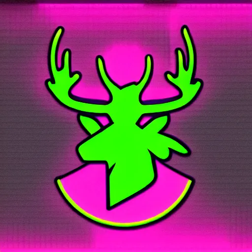 Image similar to logo for corporation that involves deer head, symmetrical, retro pink synthwave style, retro sci fi, neon lighting