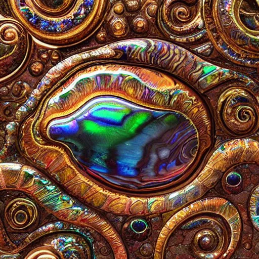 Image similar to Art Nouveau cresting oil slick waves, hyperdetailed bubbles in a shiny iridescent oil slick wave, ammolite, dinosaur bone, detailed giant opalized ammonite shell, black opal, abalone, paua shell, ornate copper patina medieval ornament, rococo, organic rippling spirals, octane render, 8k 3D, druzy geode, cresting waves and seafoam