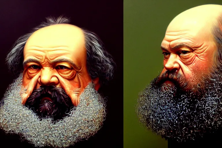 Image similar to ( ( a beautiful 8 k photorealistic masterpiece oil - painting ) ( close up ) and ( zoom out ) ( of ( karl marx with osteogenesis imperfecta ) ( shouting to a dwarf ( angry ) ) ) ( hyperrealism ) ( 1 6 k ) ( trending on artstation )