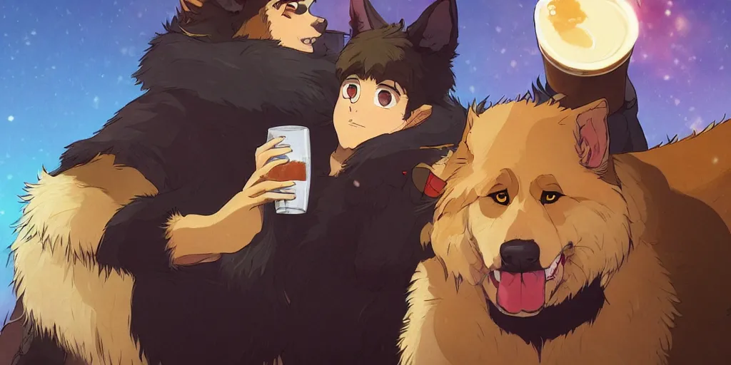 Image similar to a two german shepherds beast - men, holding a mug of beer, a lot of pockets, fur cape, tavern background, magical, bright, colorful, fantastic lighting, amazing details, 4 k uhd, illustration by hayao miyazaki and makoto shinkai and ilya kuvshinov, artstation, pixiv,