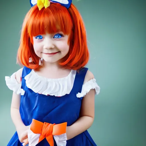 Image similar to little girl in a maid outfit with blue eyes, a red bow on her head, short light orange hair, anime, high detail