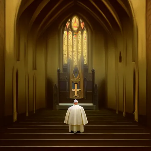 Prompt: pope standing in a curch, digital painting, greg rutkowski, artstation, cinematic, matte painting