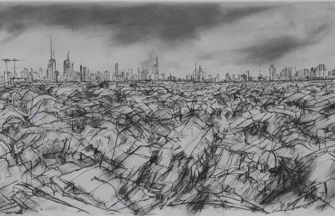 Image similar to milt kahl sketch of world war 1 trenches with the city of miami in the background
