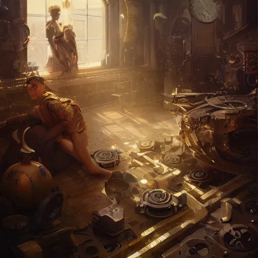 Prompt: clockwork genesis, 4 k oil on linen by wlop, artgerm, andrei riabovitchev, nuri iyem, james gurney, james jean, greg rutkowski, highly detailed, soft lighting 8 k resolution