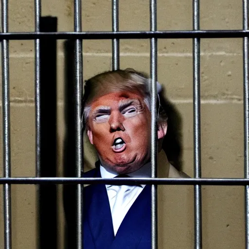 Prompt: donald trump in prison behind bars dressed in prison clothing
