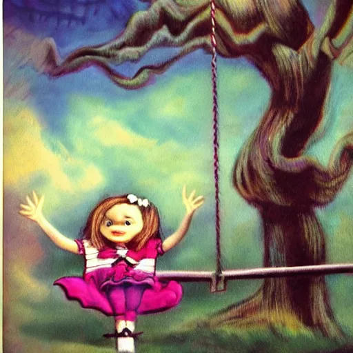 Prompt: emo fantasy painting of a little girl on a swing by dr seuss | horror themed | creepy