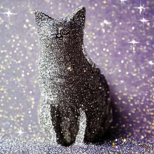 Prompt: a photo of a cat in a cloud of glitter, mica, calcium sodium borosilicate, f 1. 4