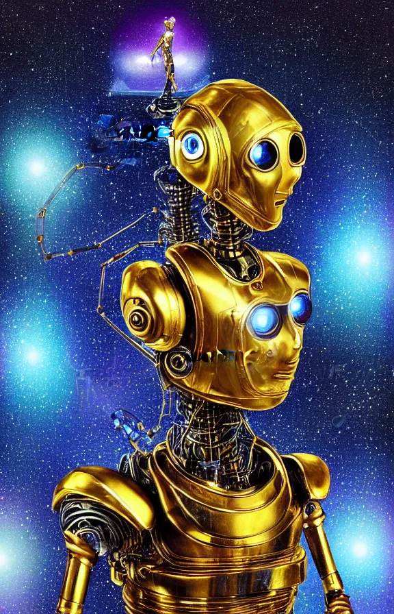 Image similar to portrait of a robot humanoid alien with golden armature and medieval helmet. Galactic iridescent background in the style of Tim white and moebius