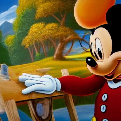 Image similar to a closeup photorealistic photograph of bob ross working on a canvas painting of mickey mouse. film still. brightly lit scene. mountains and trees. this 4 k hd image is trending on artstation, featured on behance, well - rendered, extra crisp, features intricate detail, epic composition and the style of unreal engine.