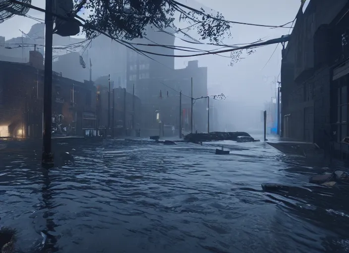 Prompt: dark, misty, foggy, flooded chicago city street, swamp and grunge in destiny 2, liminal creepy, dark, dystopian, abandoned highly detailed 4 k in - game destiny 2 gameplay showcase