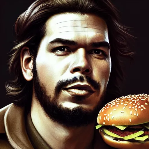 Prompt: portrait of che guevara eating hamburgers, extra onions and ketchup, luscious patty with sesame seeds, feminine ethereal, handsome, d & d, fantasy, intricate, elegant, highly detailed, digital painting, artstation, concept art, matte, sharp focus, illustration, art by artgerm and greg rutkowski and alphonse mucha