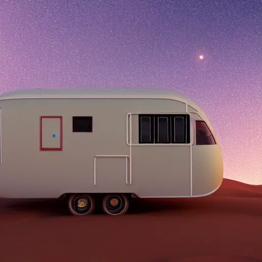 Image similar to a lone retro scifi RV with radio equipment is parked on a desert planet, side-view, redshift render, octane render, unreal engine, but as high contrast photography