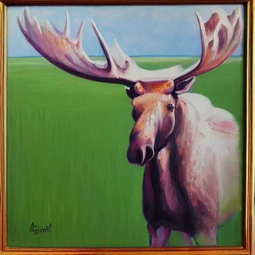 Image similar to white moose wearing shades, oil painting