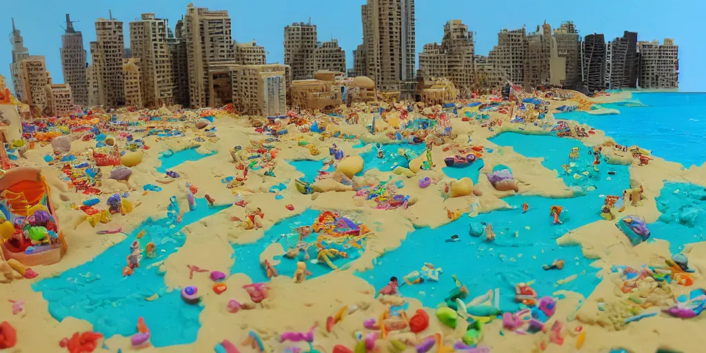 Image similar to perfect replica of Tel-Aviv beach made from playdough, high-detaild, playdough art, 4K UHD image