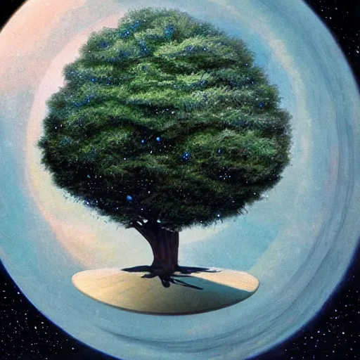 Image similar to a tree growing from a round crystal formation floating in space, by vincent di fate