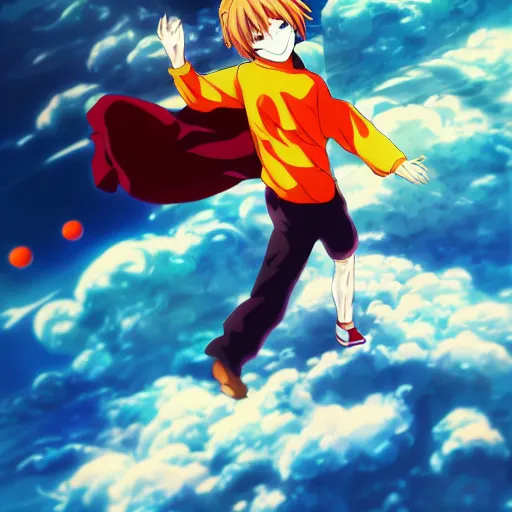 Image similar to anime key visual of a man walking on clouds with an orange longsleeve, official media, trending on artstation, in the style of takashi murakami