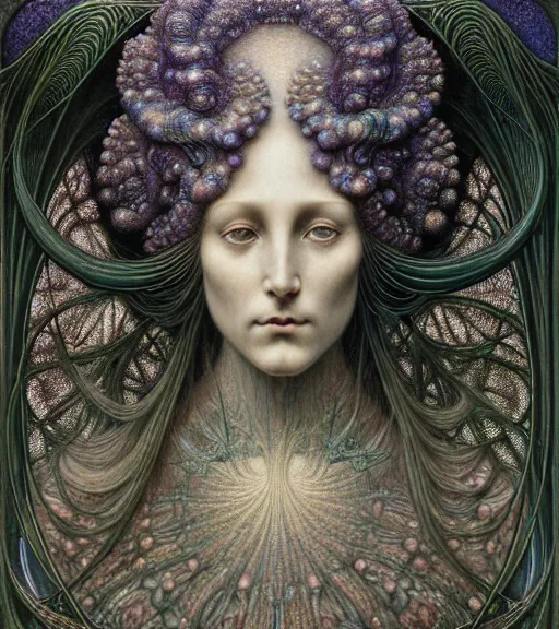 Image similar to detailed realistic beautiful alexandrite goddess face portrait by jean delville, gustave dore, iris van herpen and marco mazzoni, art forms of nature by ernst haeckel, art nouveau, symbolist, visionary, gothic, neo - gothic, pre - raphaelite, fractal lace, intricate alien botanicals, biodiversity, surreality, hyperdetailed ultrasharp octane render