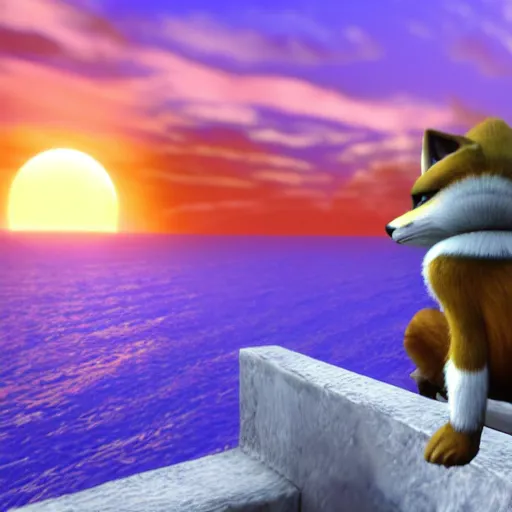 Image similar to high quality photo of star fox looking out at the ocean at sunset realism 8k award winning photo