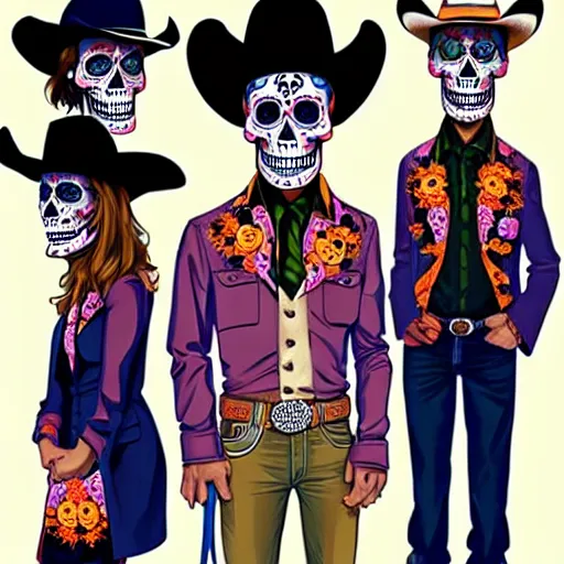 Prompt: in the style Diego Fazio and Joshua Middleton, mila kunis, skull paint, dia de Los muertos, trenchcoat, day of the dead, full body, smiling, cowboy hat