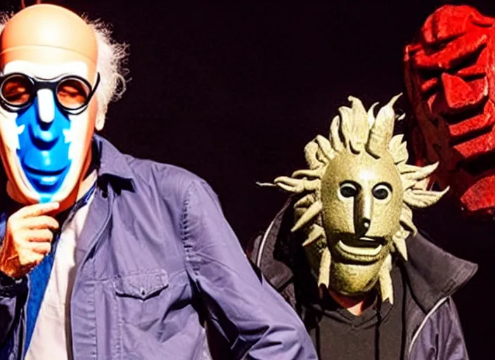 Image similar to publicity photo still of larry david wearing a slipknot mask touring with slipknot live on stage, 8 k, live concert lighting, mid shot