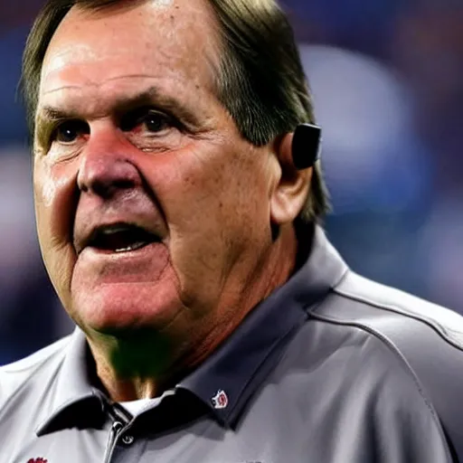 Prompt: Coach Belichick on fire, consumed by flames